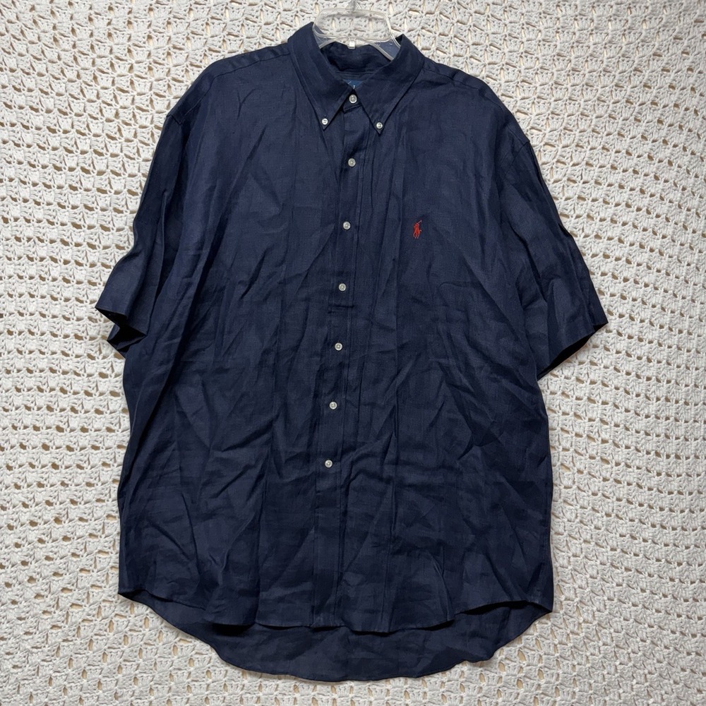 Ralph Lauren Blake Shirt Mens XL Navy Blue 100% Linen Short Sleeve Button Down